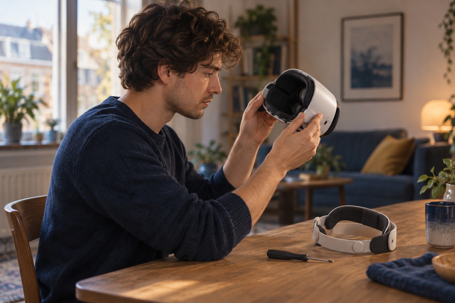 AI-illustratie van een jonge gebruiker die een VR-bril en de losse hoofdband op tafel onderzoekt.