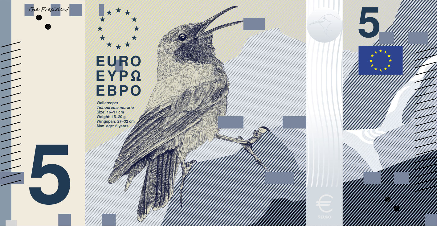 Voorlopig ontwerpvoorstel B voor de voorkant van een vijf-eurobiljet met een rotskruiper; geen gekozen of uitgegeven biljet.