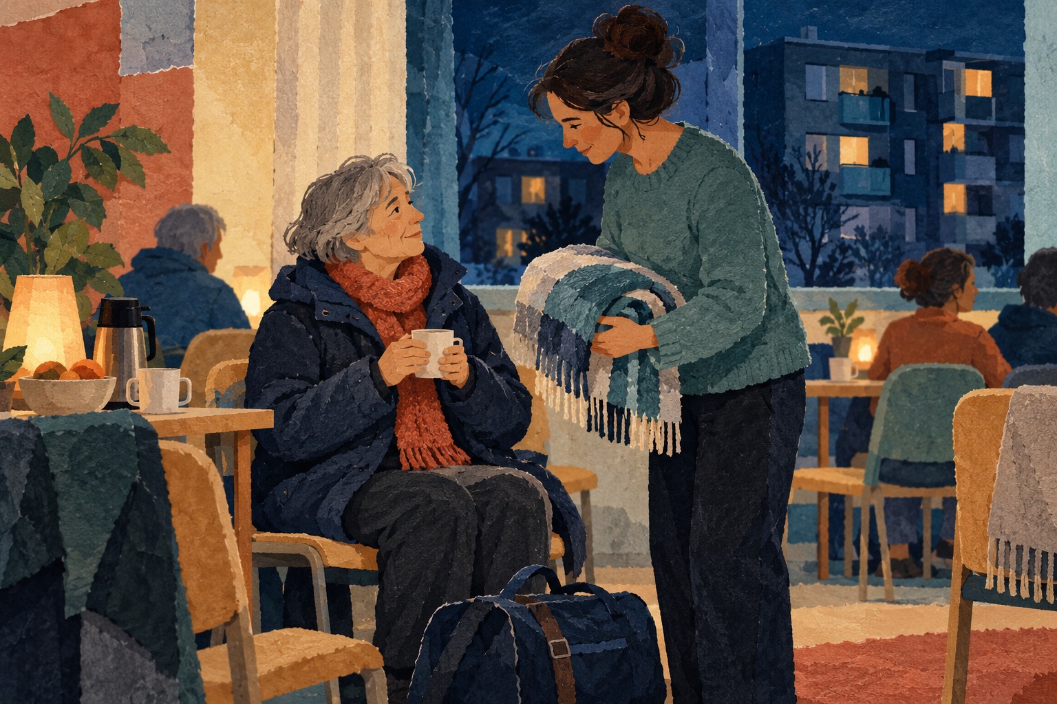 Conceptuele illustratie van tijdelijke opvang: een bewoner met een tas krijgt thee en een deken aangereikt.