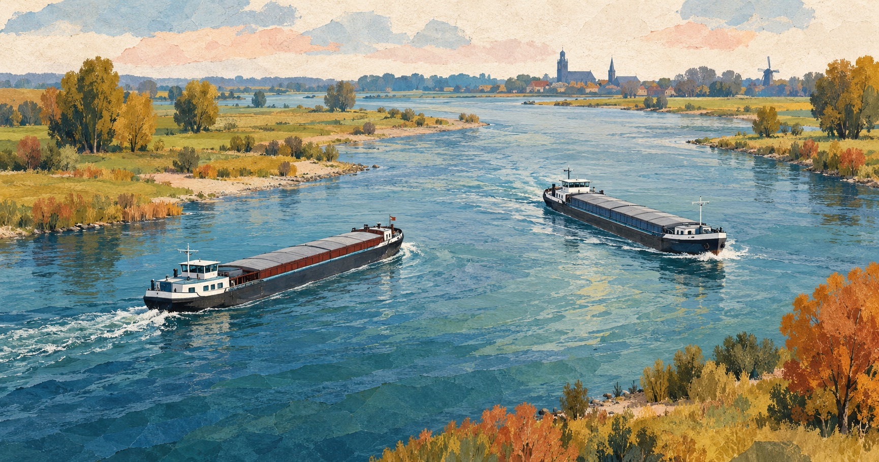Illustratie van twee binnenvaartschepen die in tegengestelde richting over een Nederlandse rivier varen.