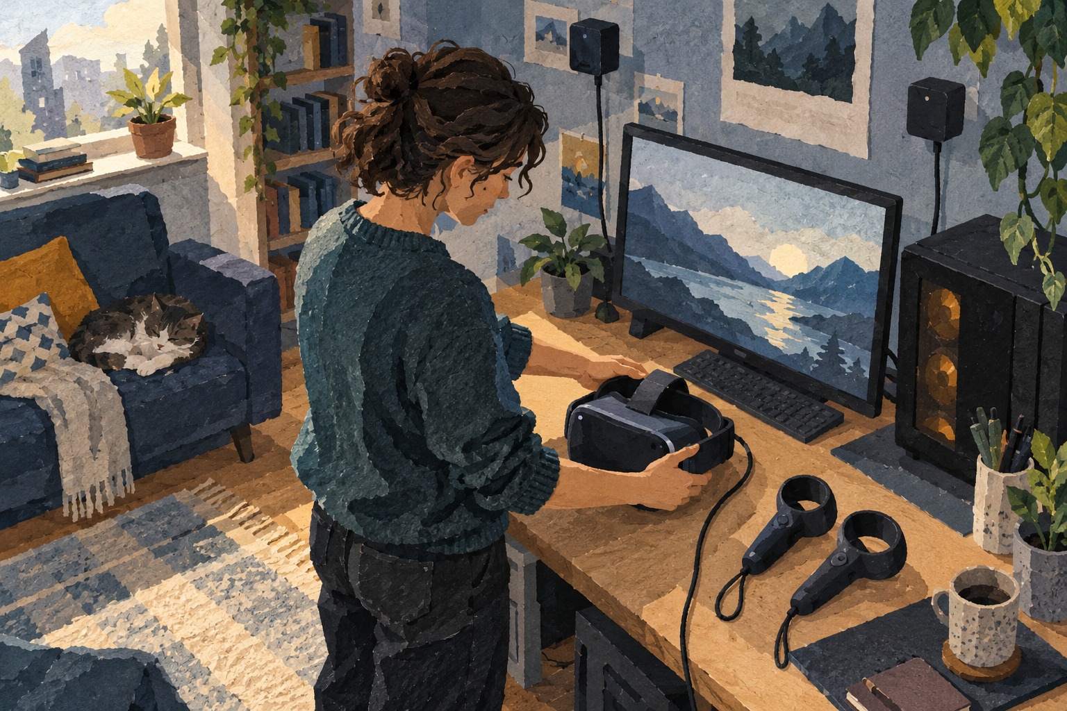 Conceptuele papiercollage van een jonge volwassene met een bedrade VR-bril bij een computer en losse controllers.