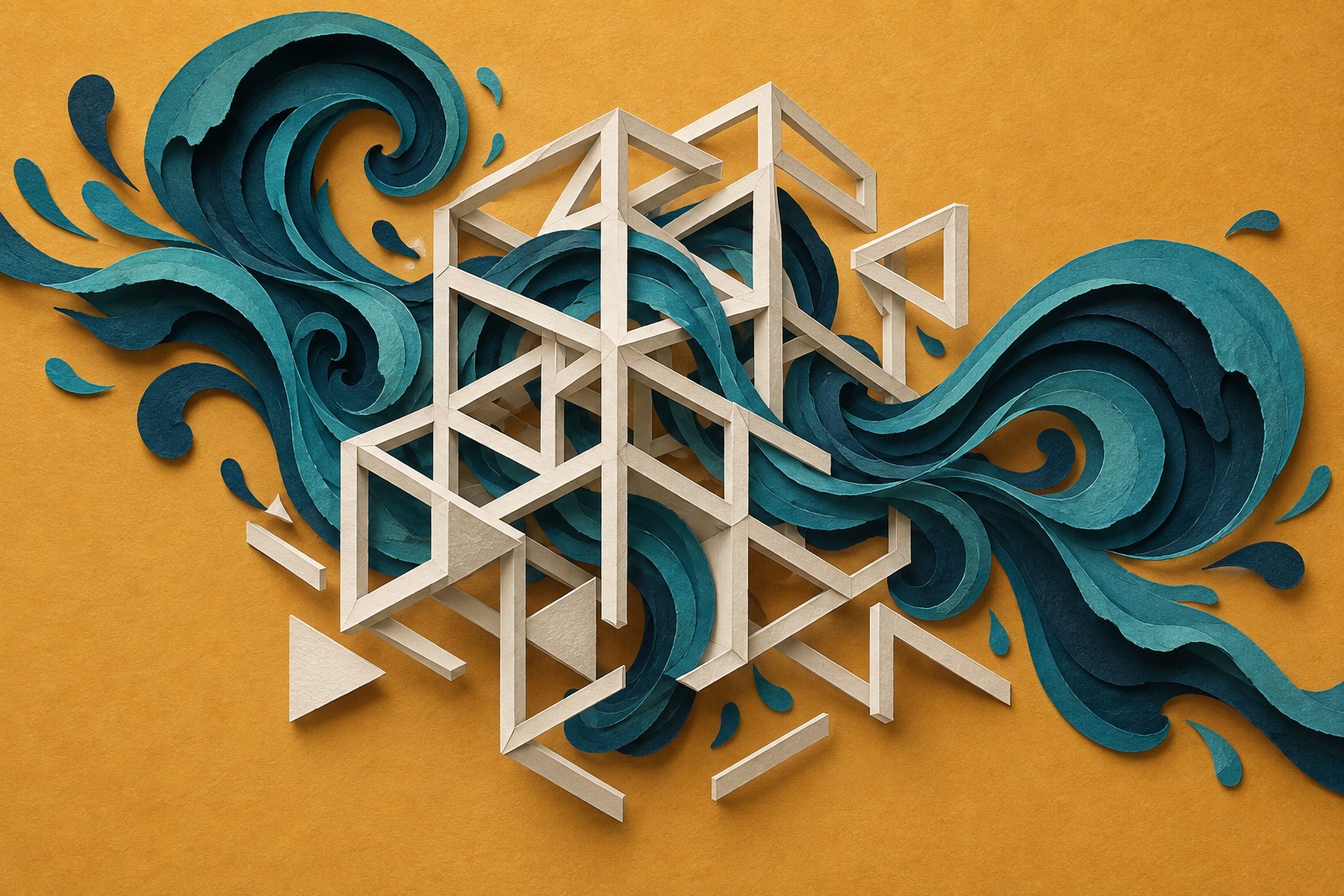 AI-illustratie van stromende vormen naast een onvoltooide geometrische constructie.
