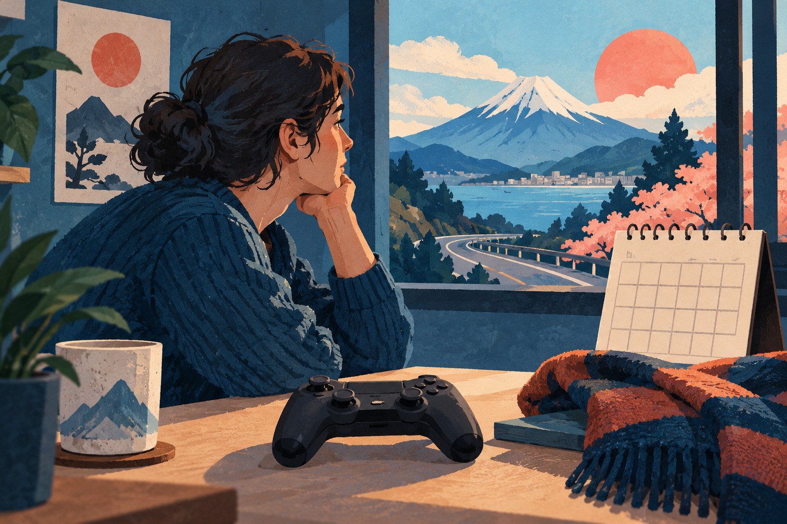 Conceptuele AI-illustratie van een jonge speler met een algemene controller en een lege kalender, als verbeelding van wachten op een game; geen beeld uit Forza Horizon 6.