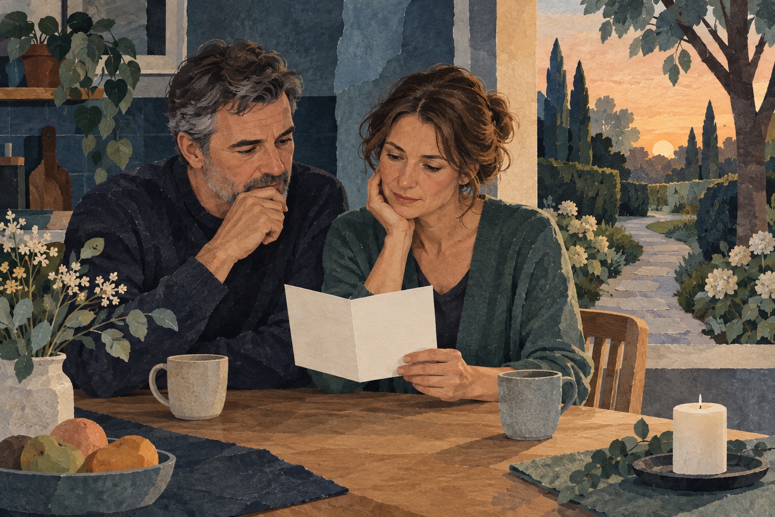 Conceptuele illustratie van twee naasten die samen nadenken over een afscheid; op tafel ligt een blanco kaart.