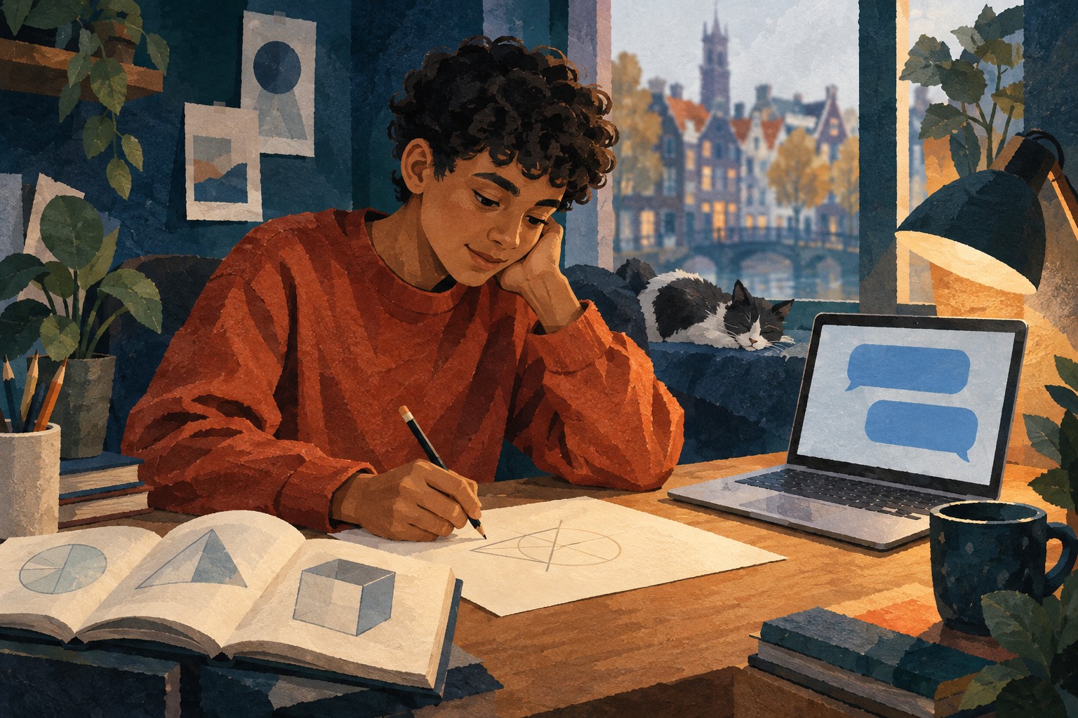 Geschilderde papiercollage van een leerling die met potlood aan een opgave werkt, met een laptop en schoolboek op het bureau.
