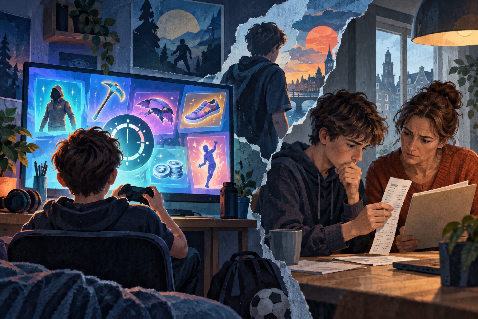 Conceptuele illustratie van een jonge gamer bij een digitale winkel en later bij het bekijken van aankoopbewijzen met een ouder.
