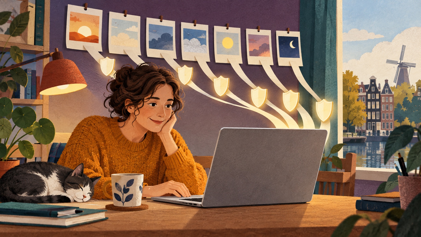 AI-illustratie: iemand werkt thuis op een laptop terwijl kalenderbladen en lichtgevende schilden een regelmatig updateritme verbeelden.