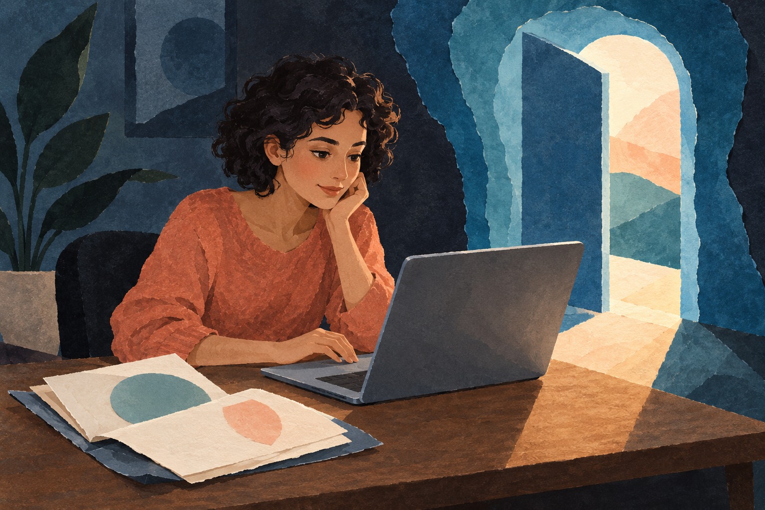 Jonge vrouw werkt aan een laptop naast een open papieren deur; conceptillustratie van nieuwe toegang tot een AI-assistent.