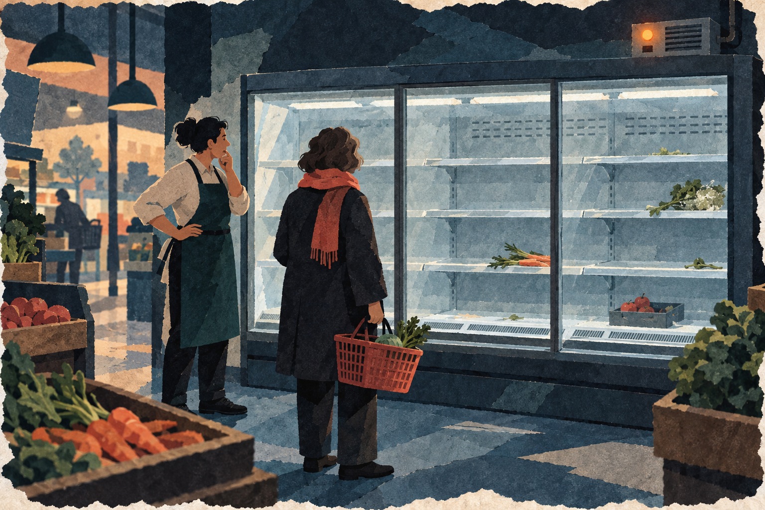 Conceptuele AI-illustratie van een klant en medewerker bij een bijna lege koelvitrine.