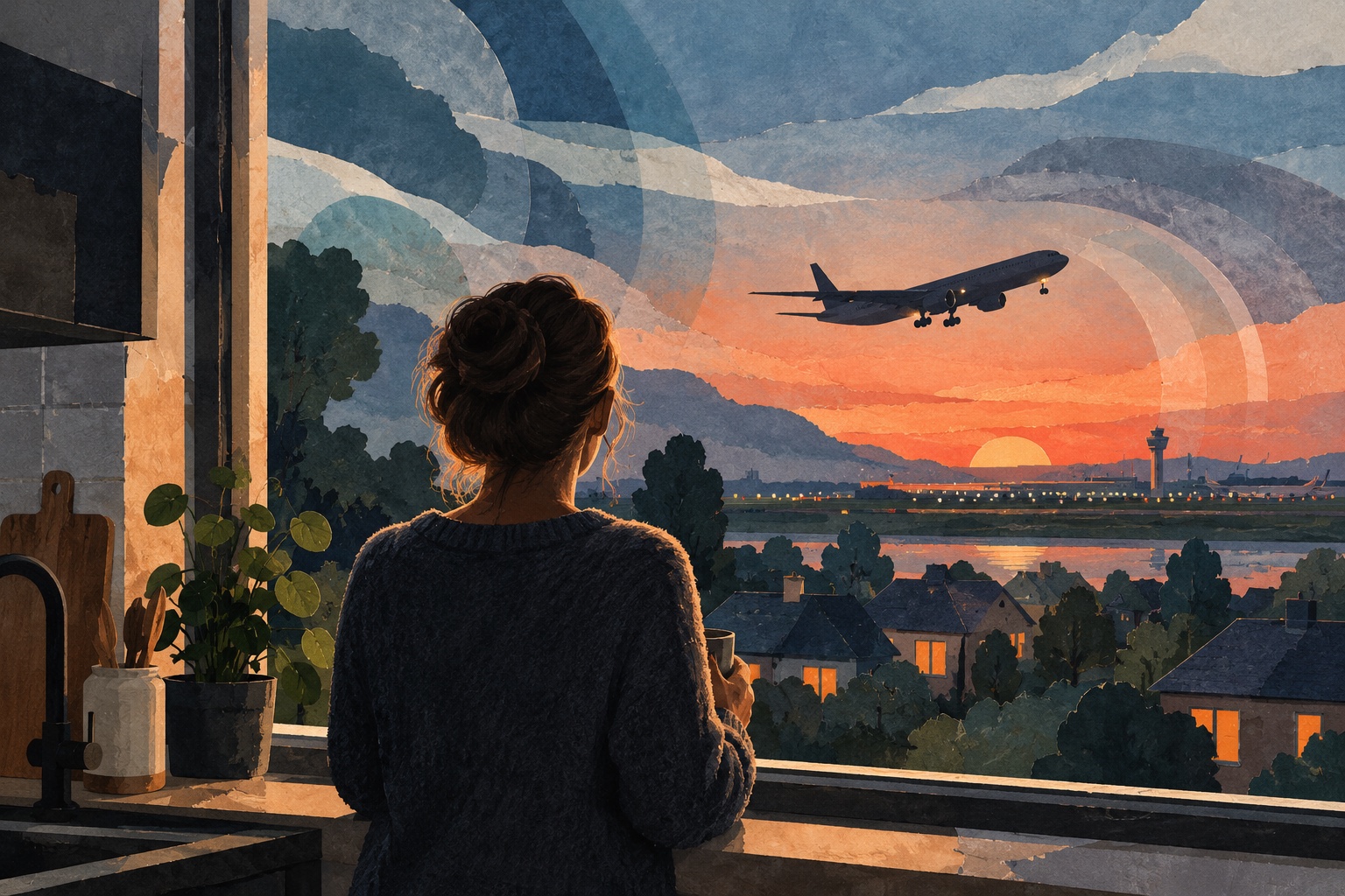 Illustratie van een bewoner die vanuit huis naar een vliegtuig bij een luchthaven kijkt.