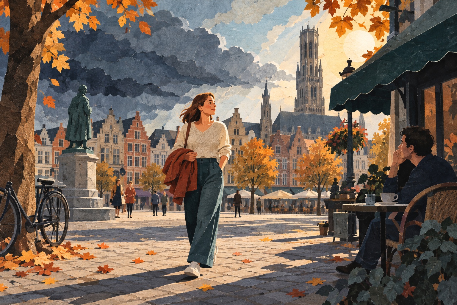 AI-illustratie: iemand draagt op een zonnig herfstplein een jas over de arm, terwijl in de verte wolken naderen.