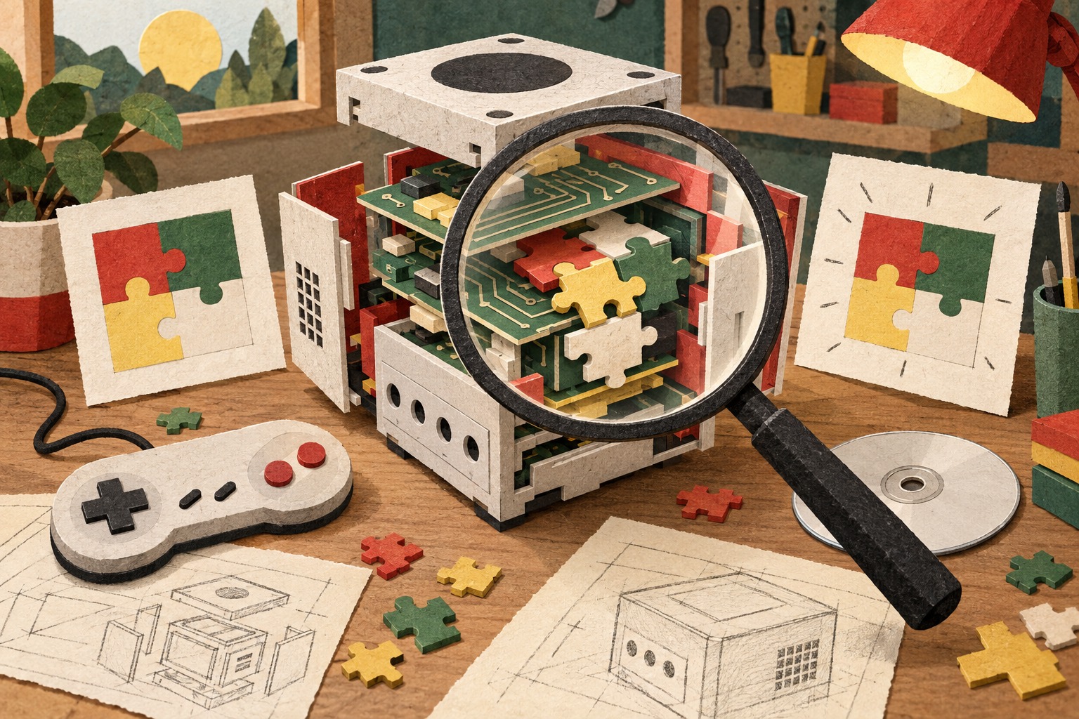 AI-illustratie van een oude spelcomputer als papieren puzzel onder een vergrootglas.
