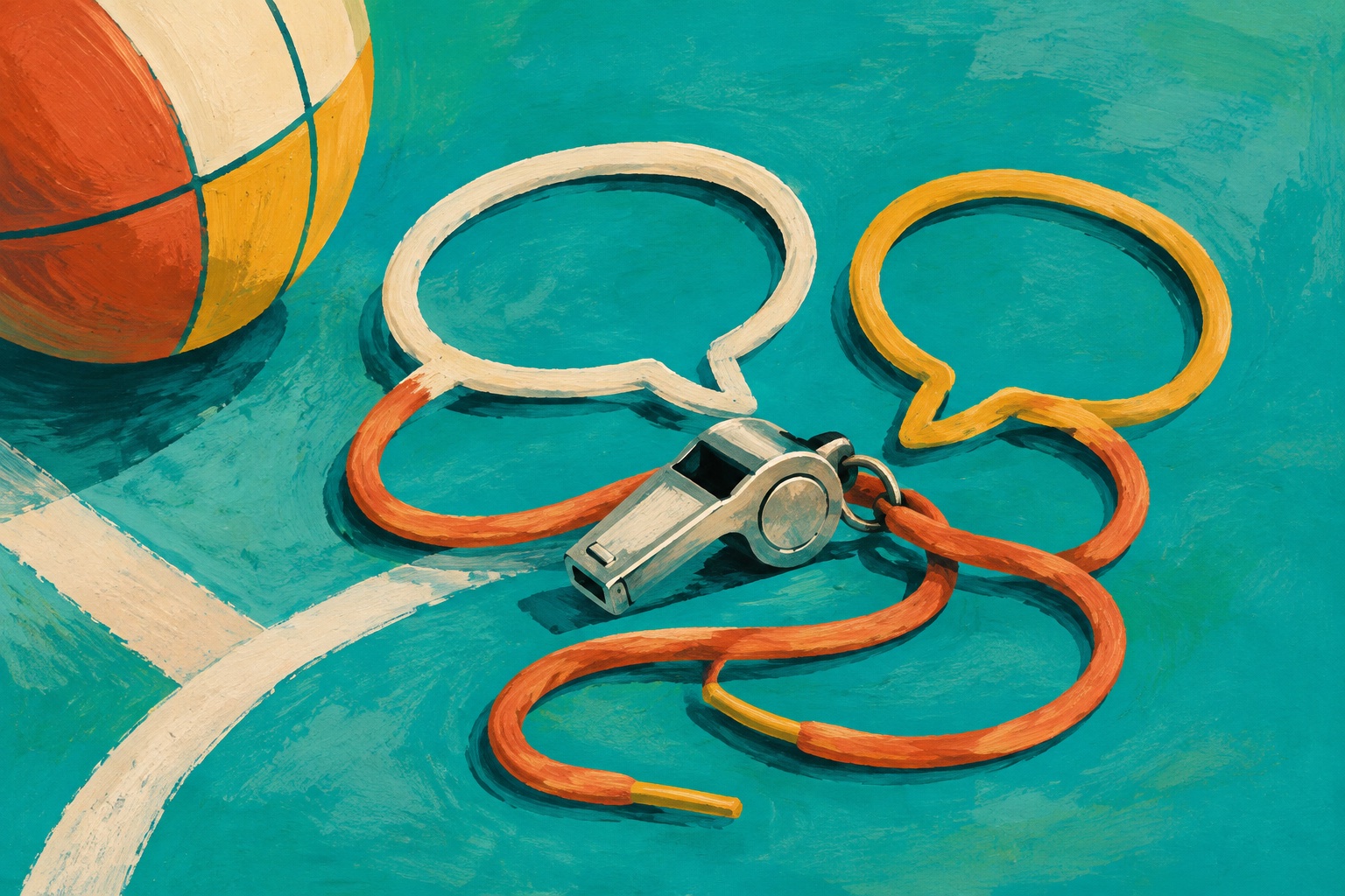AI-illustratie van een sportfluitje, schoenveter en gespreksvormen in turquoise, terracotta en geel.