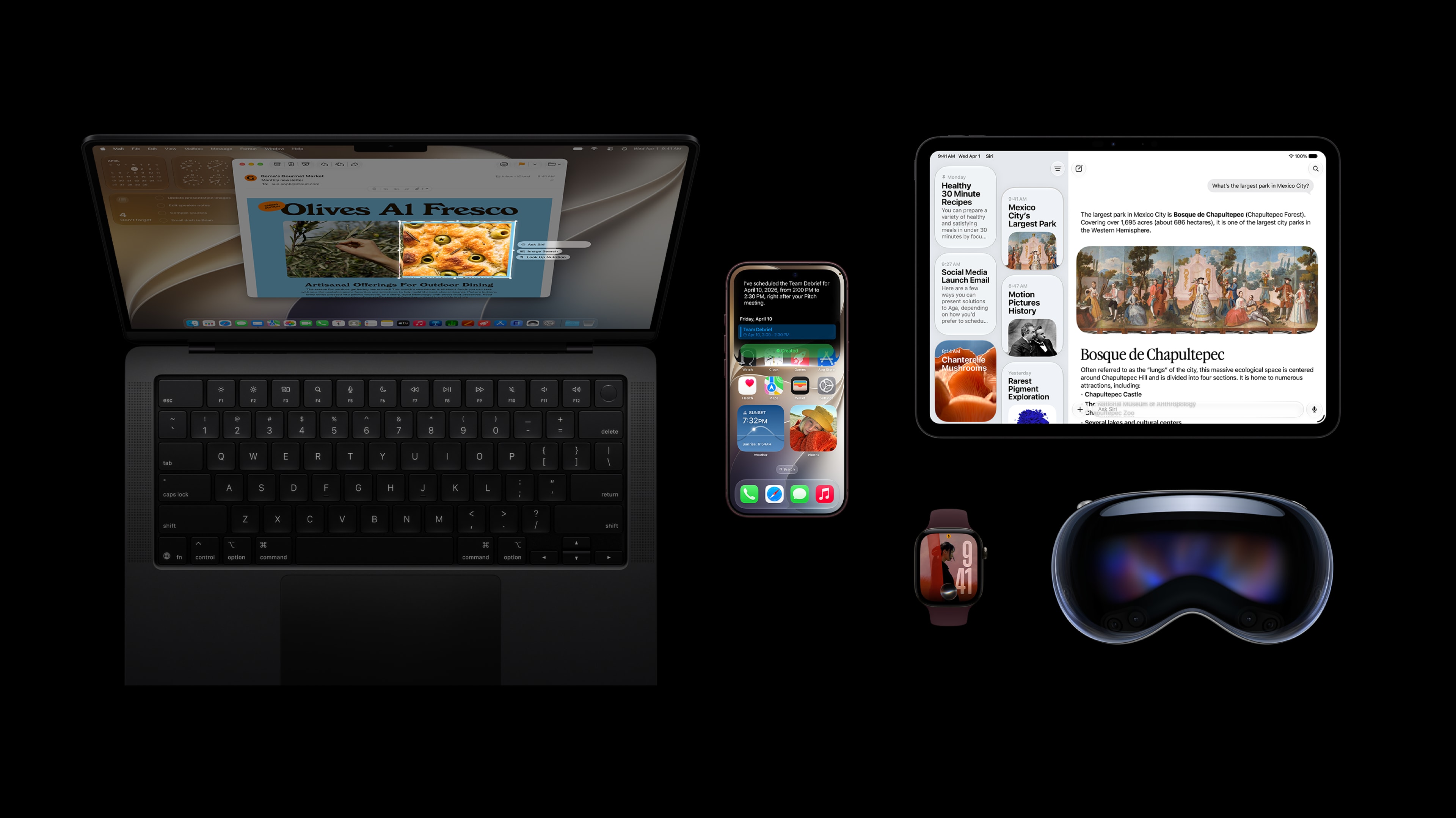 Officieel Apple-persbeeld met een Mac, iPhone, iPad, Watch en Vision Pro.