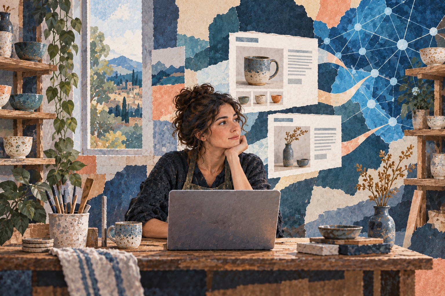 Conceptuele AI-illustratie van een ondernemer met een laptop en webpagina’s over aardewerk; geen echte gebruiker of Meta-interface.