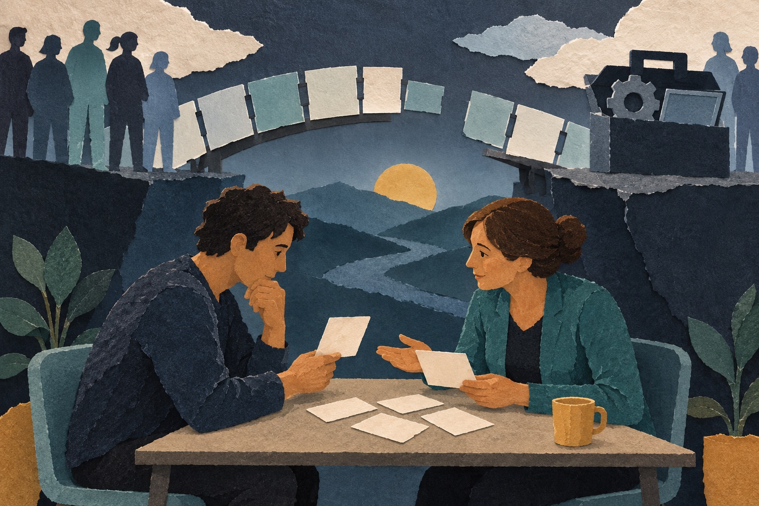 Conceptuele illustratie van een werkzoekende en adviseur met kaarten en een onvoltooide brug naar werk.