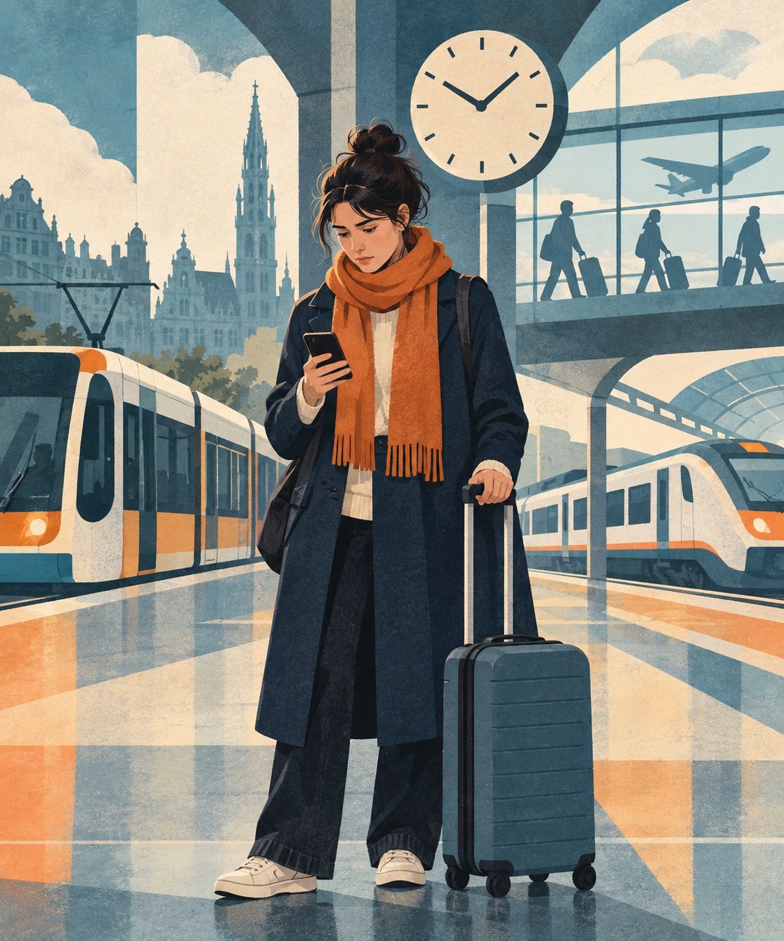 Een reiziger met een rolkoffer bekijkt een telefoon tussen verbeelde trams, treinen en een luchthaven, met Brussel op de achtergrond.