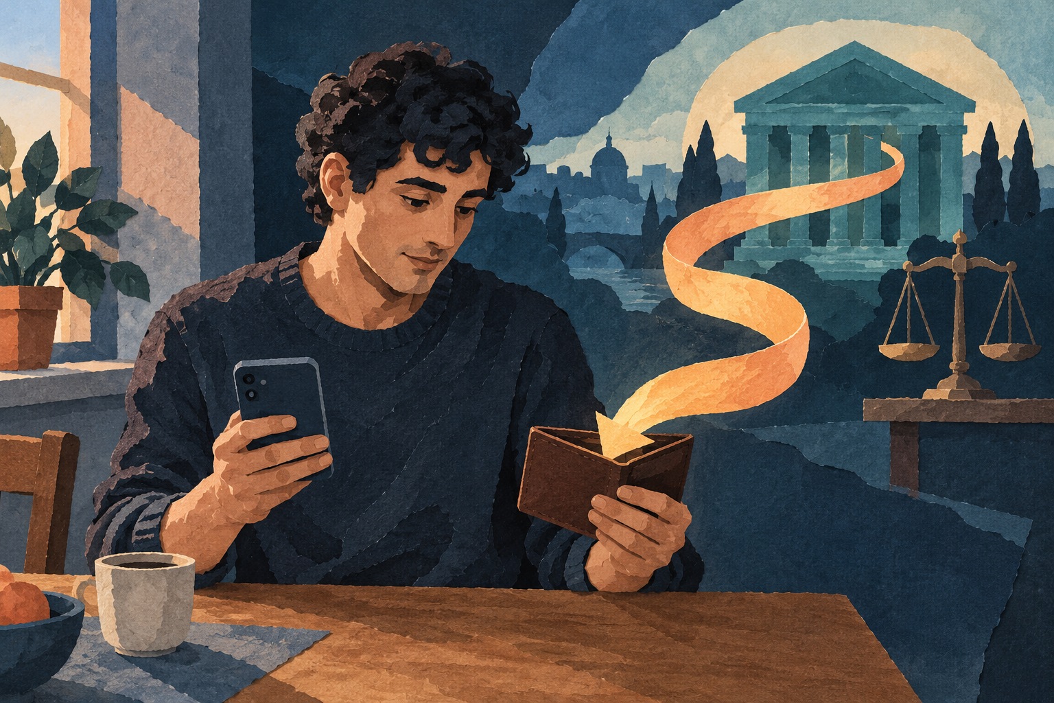 AI-illustratie van een jonge klant met telefoon en portemonnee, een bankgebouw en een weegschaal op de achtergrond.