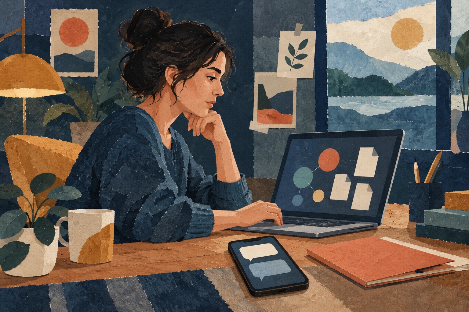 Conceptuele AI-illustratie van een analist bij een laptop, met een telefoon en een gesloten map op het bureau.