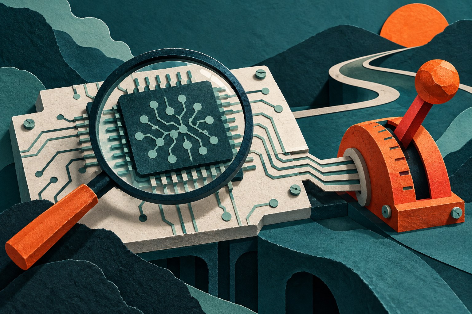 AI-illustratie van een chip onder een vergrootglas en een oranje regelhendel, over controle op het ontwikkeltempo van AI.
