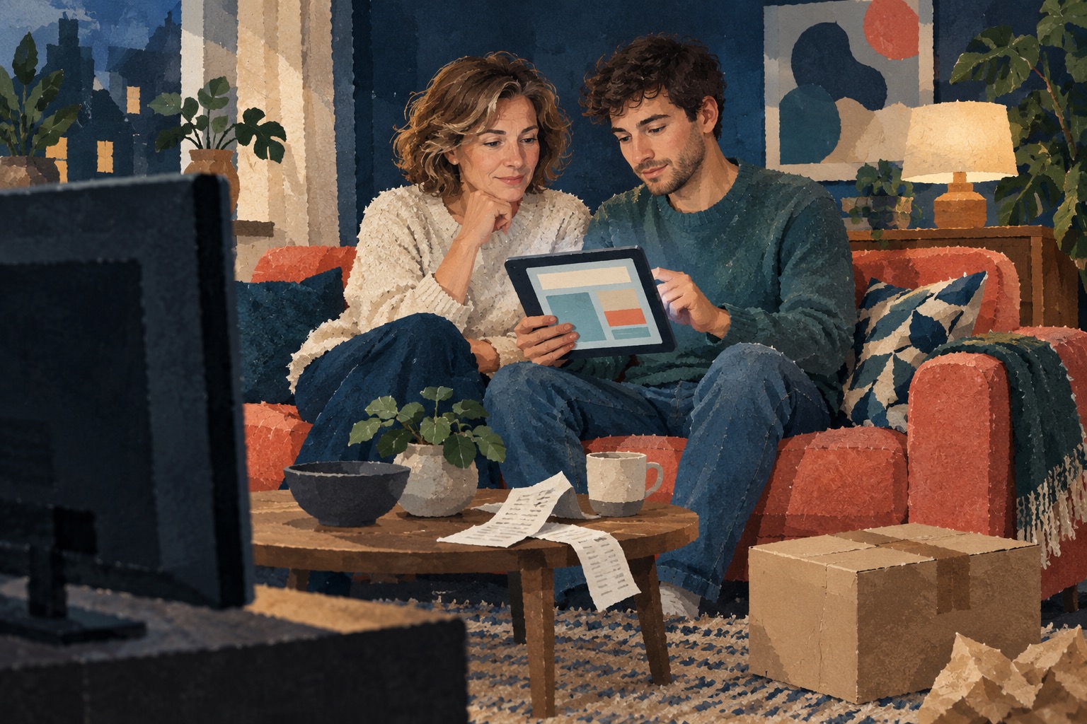 Illustratie van twee mensen op een bank die samen naar een tablet kijken, met een televisie en een pakket op de voorgrond.