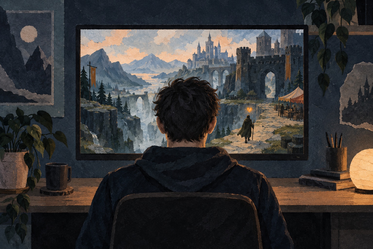 Conceptuele AI-illustratie van een speler voor een fictieve fantasiewereld met één lichtend hart als leven.