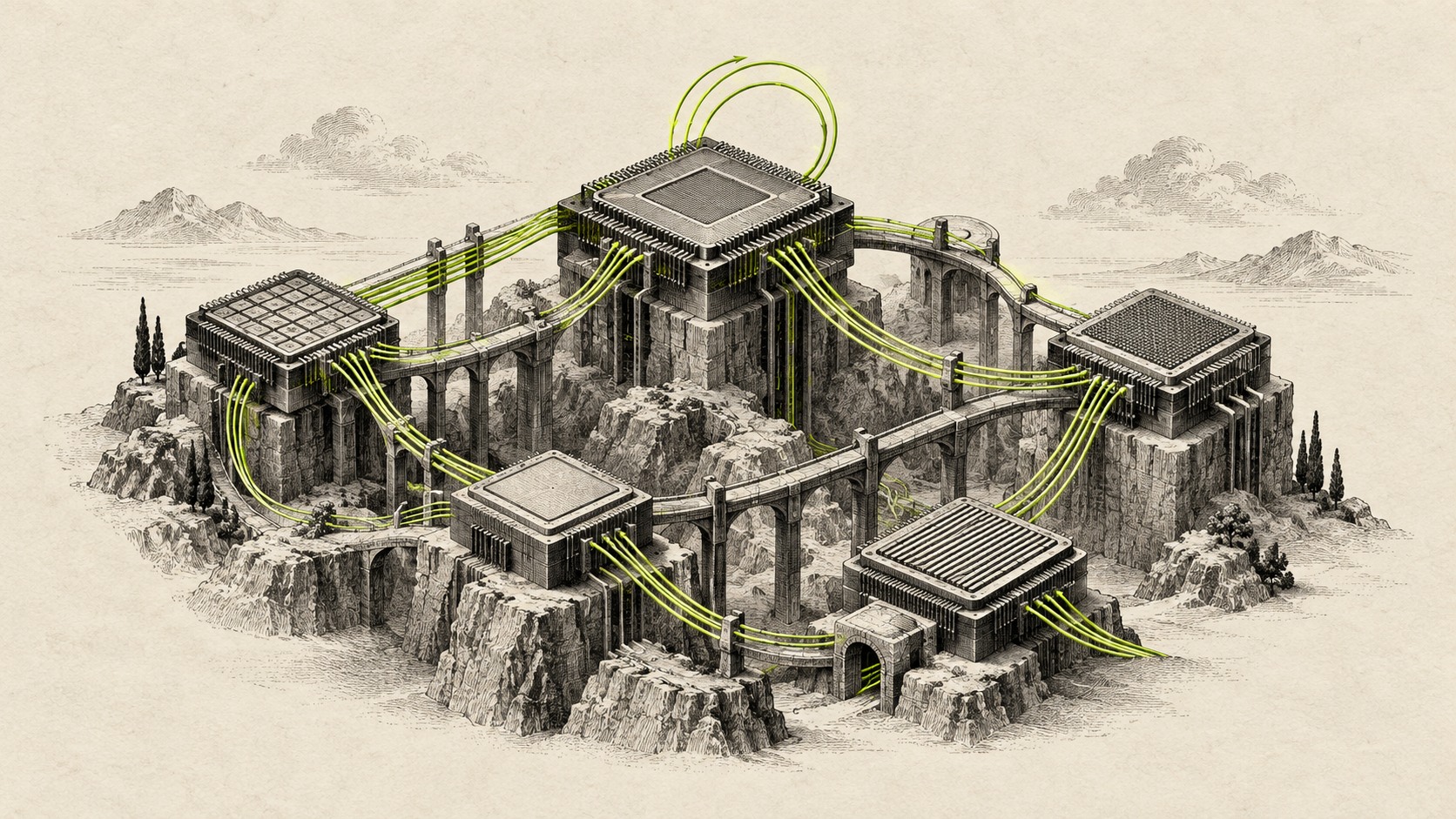 Conceptuele AI-illustratie: gegraveerde rekenmodules verbonden door fijne groene lijnen, als verbeelding van samenwerkende computeronderdelen.