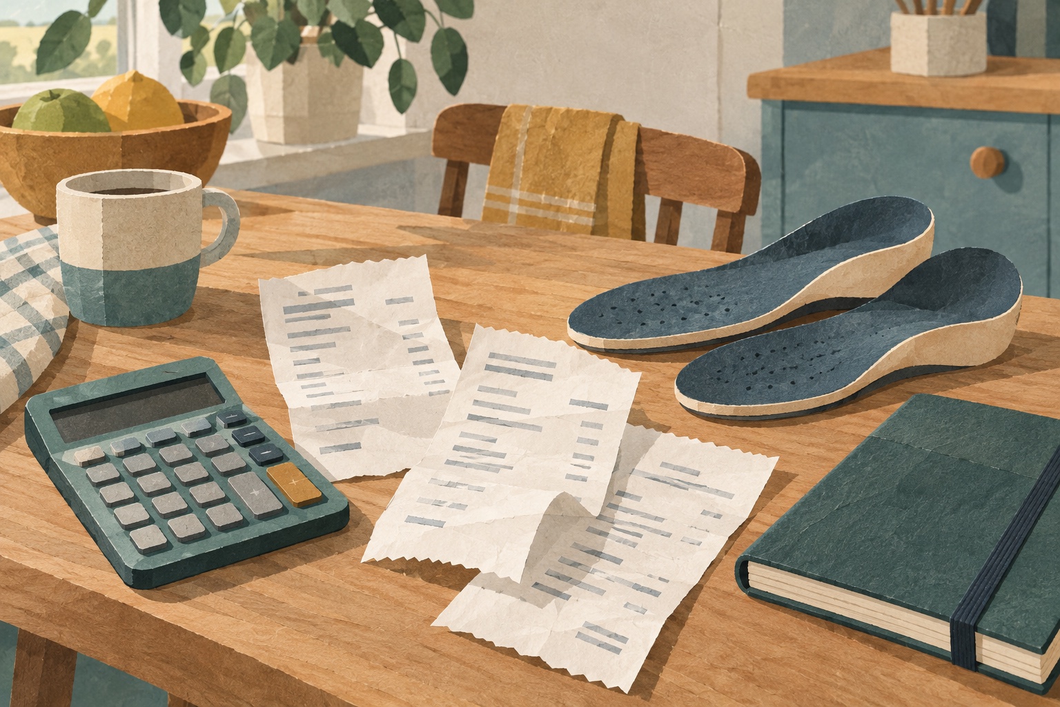 Conceptuele AI-illustratie van zorgbonnen, steunzolen, een rekenmachine en een huishoudboekje op een tafel; geen echte documenten.