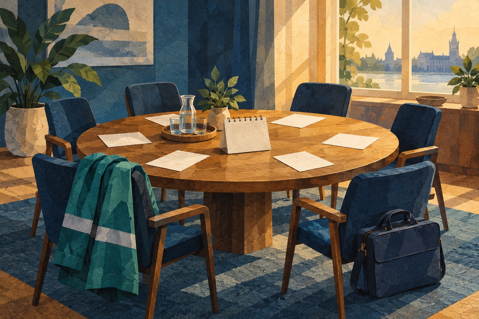 Conceptuele AI-illustratie van een overlegtafel met lege stoelen, werkkleding en een tas; geen beeld van het aangekondigde overleg in het Catshuis.