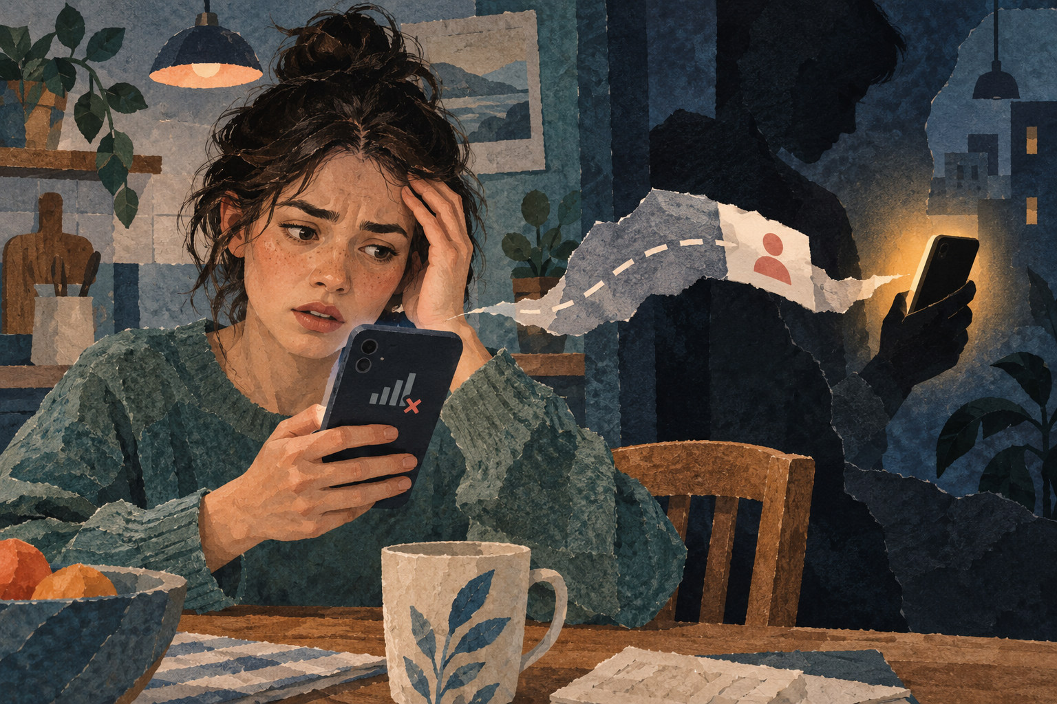 Geschilderde papiercollage van een jongere met een telefoon zonder bereik en een schaduwfiguur met een andere telefoon; een papieren baan verbeeldt de verplaatsing van het nummer.