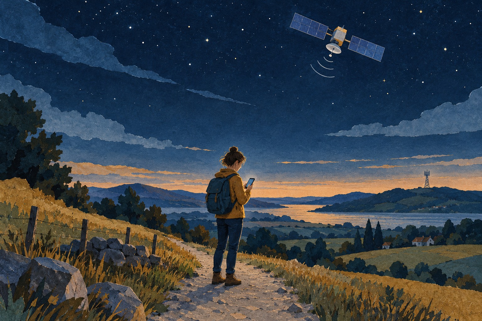 Conceptuele AI-papiercollage van een wandelaar met een telefoon, een verre zendmast en een satelliet boven het landschap.
