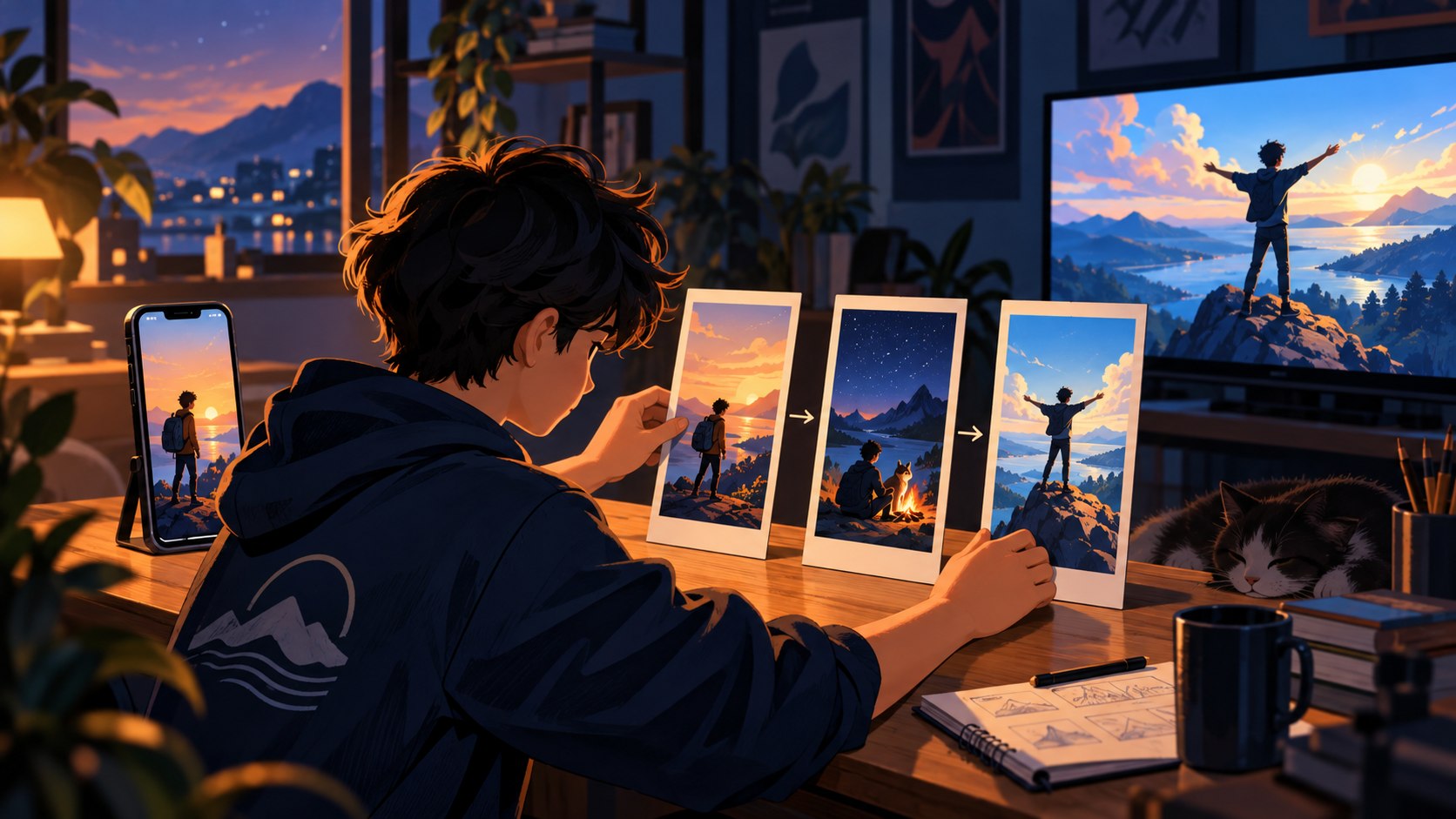 AI-illustratie van een jonge maker die drie verticale scènes van één fictief verhaal ordent, met telefoon en televisie op de achtergrond; geen echte YouTube-interface.