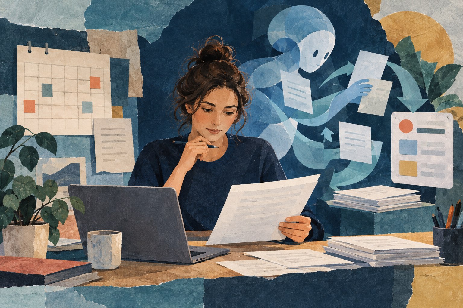 Conceptuele geschilderde papiercollage: een jonge werknemer controleert een document naast een laptop, terwijl abstracte vormen een digitale assistent verbeelden.