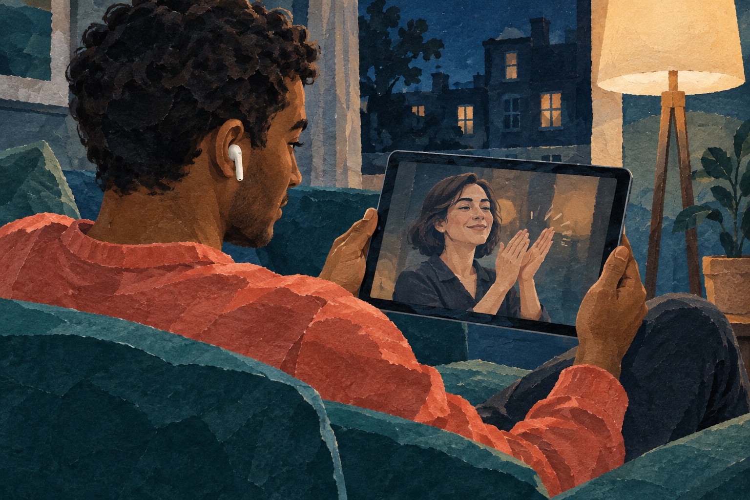 Conceptuele AI-papiercollage van een jongere met draadloze oortjes die op een tablet een film kijkt.