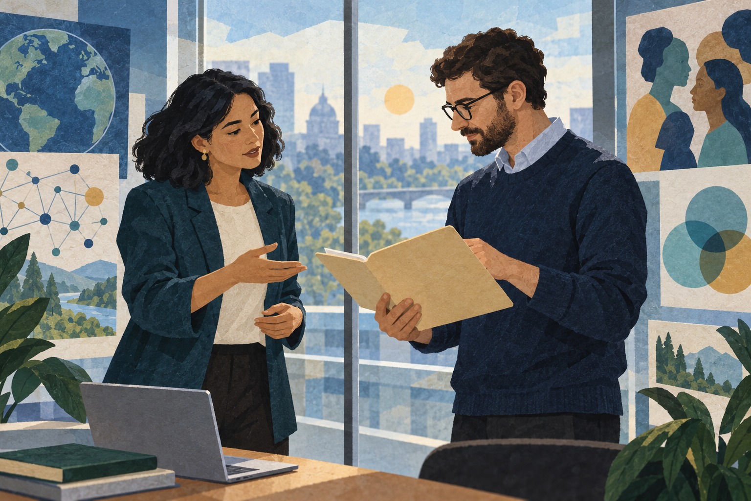 Twee fictieve onderzoekers bespreken een dossier bij een glazen kantoorwand, met een laptop op de tafel.