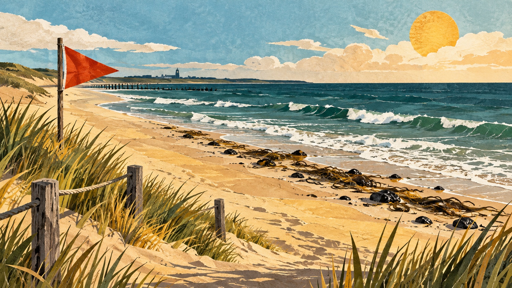 Conceptuele illustratie van een Zeeuws strand met duinen, zeewier en een waarschuwingsvlag; dit toont geen echte olievondst of specifieke locatie.
