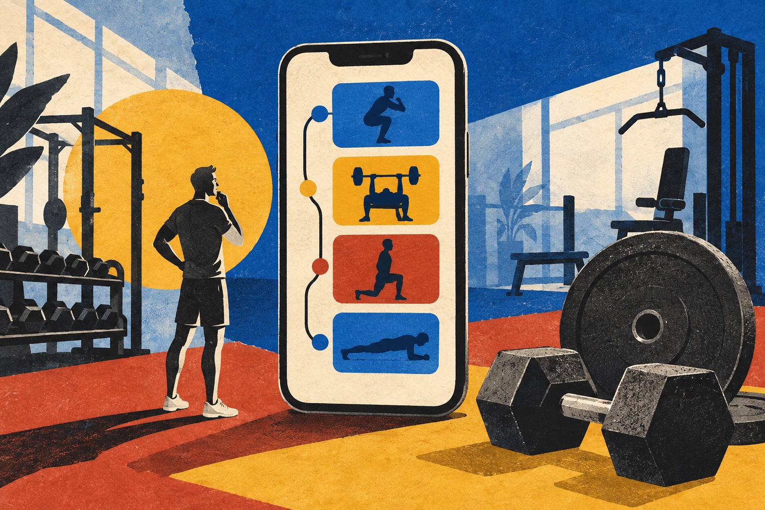 Illustratie van een sporter, een telefoon met een grafisch trainingsschema en fitnessapparaten.
