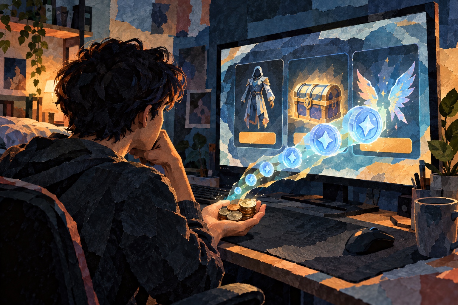 Geschilderde papiercollage van een jonge gamer die echte munten ziet veranderen in digitale spelmunten bij een aankoop.