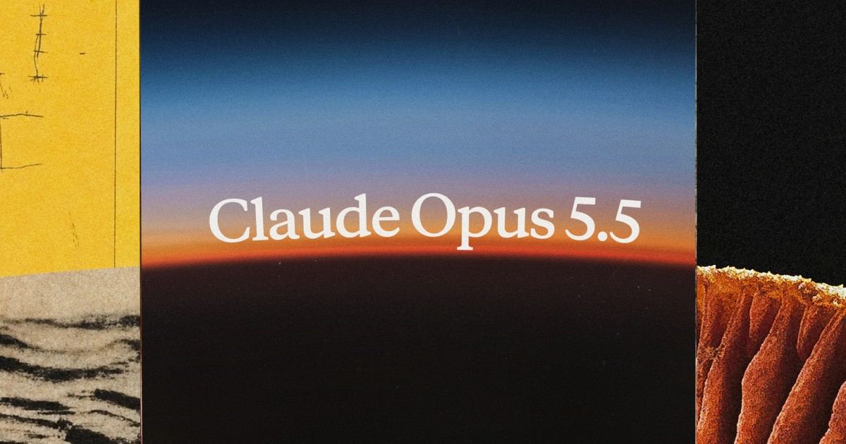 Anthropics aankondigingsbeeld: Claude Opus 5.5 tegen een collage van gekleurde vlakken.