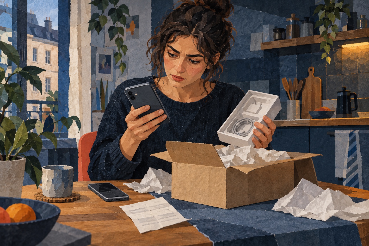 Geschilderde collage van een jonge vrouw die een telefoon en de verpakking aandachtig bekijkt aan haar keukentafel.