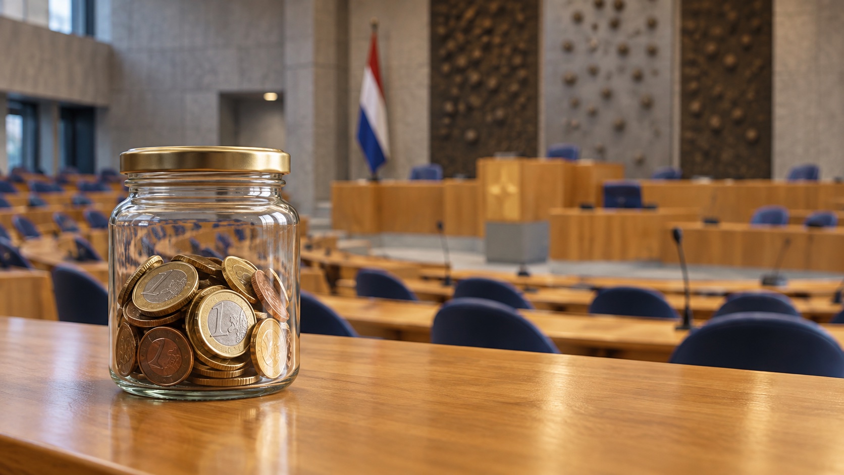Illustratieve spaarpot met euromunten voor een onscherpe vergaderzaal; geen beeld van het Kamerdebat.