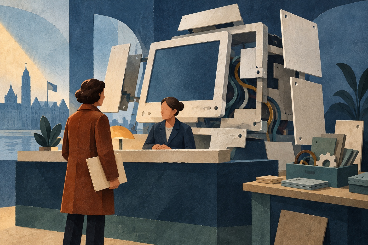Conceptuele AI-illustratie van een burger aan een loket, met een onvoltooide computer en losse herbruikbare onderdelen; geen echte overheidslocatie.