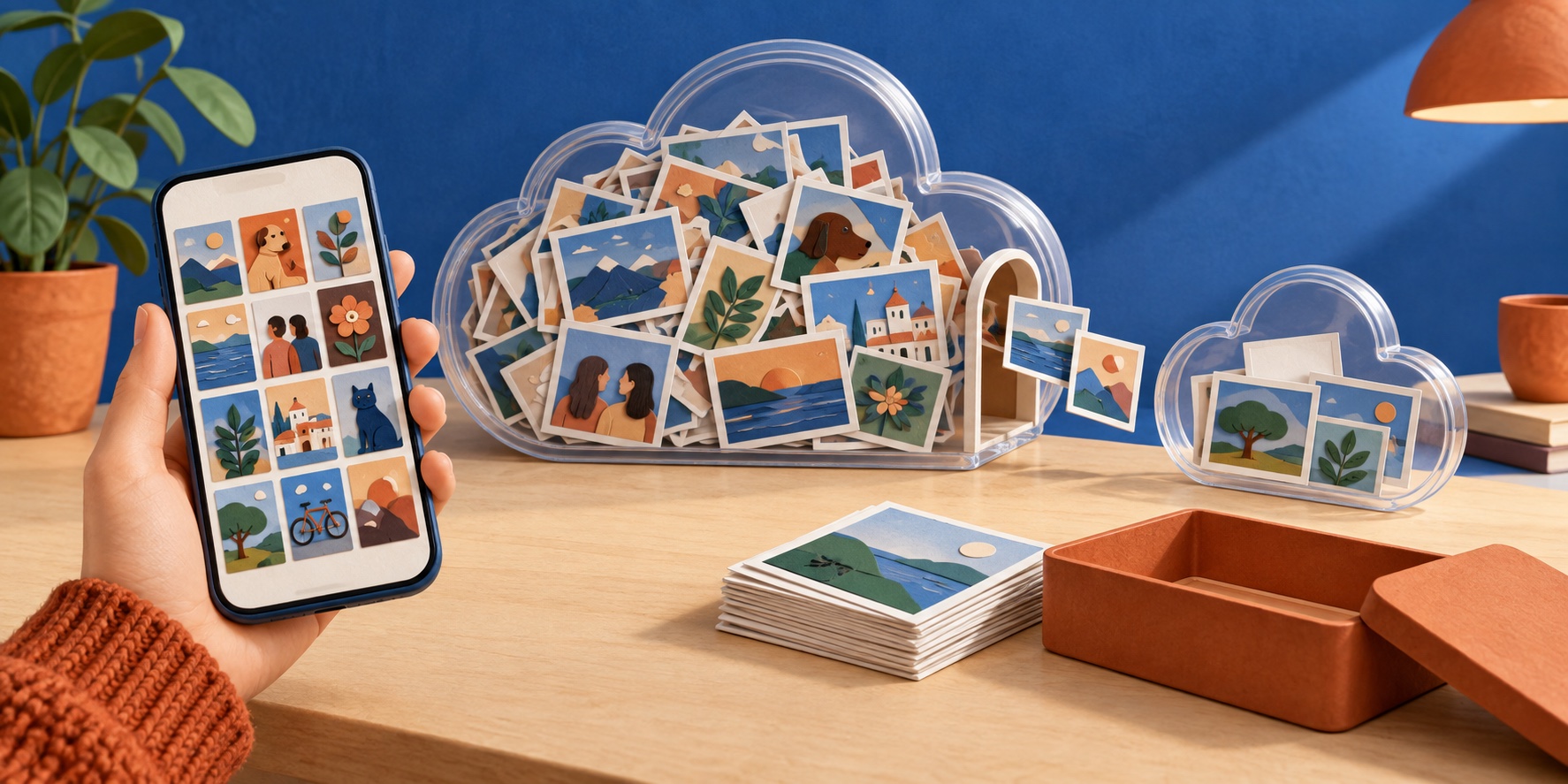 Illustratie van een telefoon met foto’s naast een volle en een kleinere cloud, als beeld voor een lagere opslaglimiet.