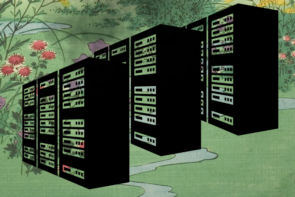 Illustratie van donkere serverkasten in een groen landschap met bloemen en een beekje; dit toont geen bestaand datacenter.