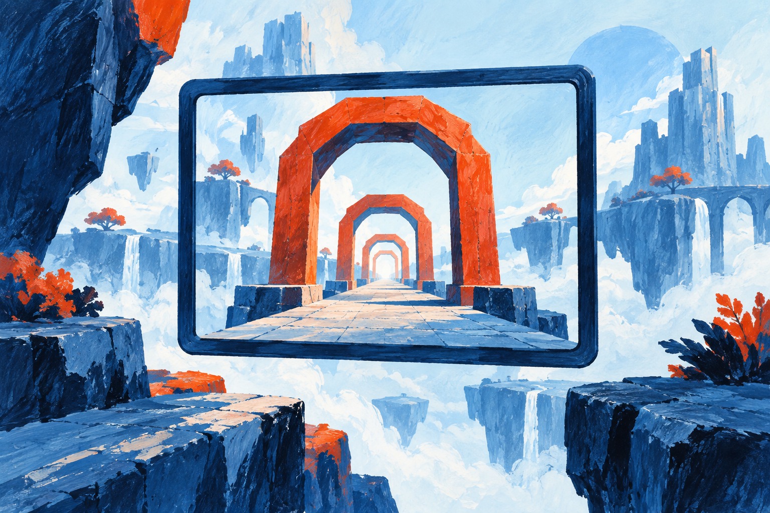 Conceptuele AI-illustratie van oranje poorten die in een blauwe gamewereld naar de verte lopen, binnen een schermkader.