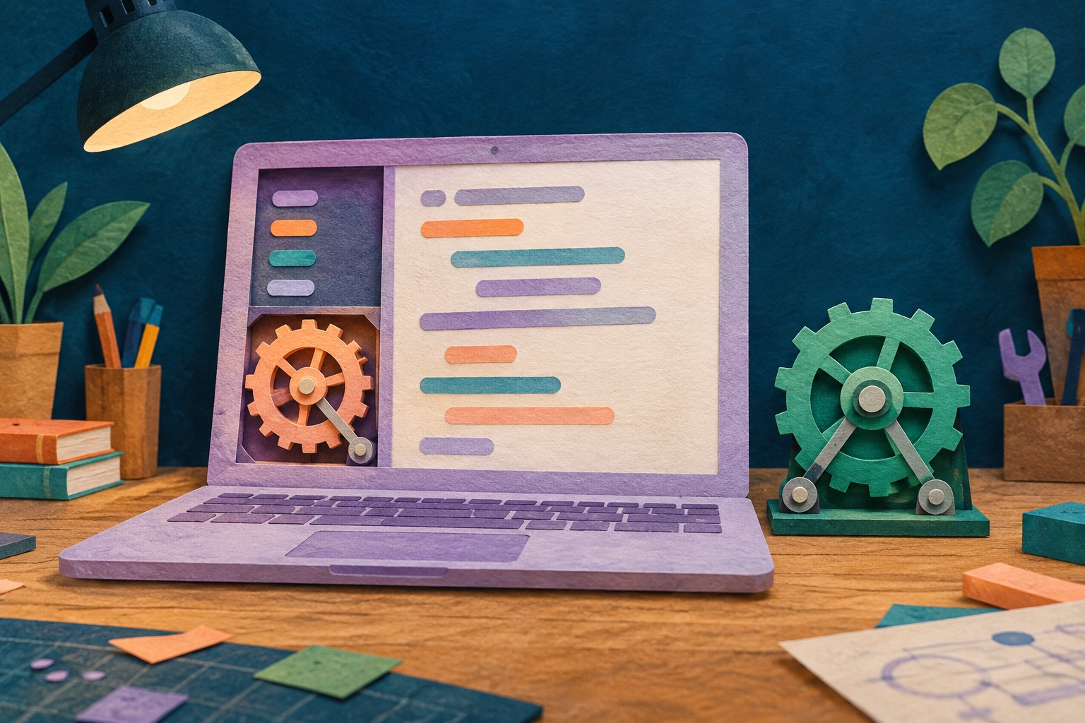 AI-illustratie van een codewerkplek met een tandwiel binnen en een tandwiel buiten het scherm, als metafoor voor aparte uitvoeromgevingen.