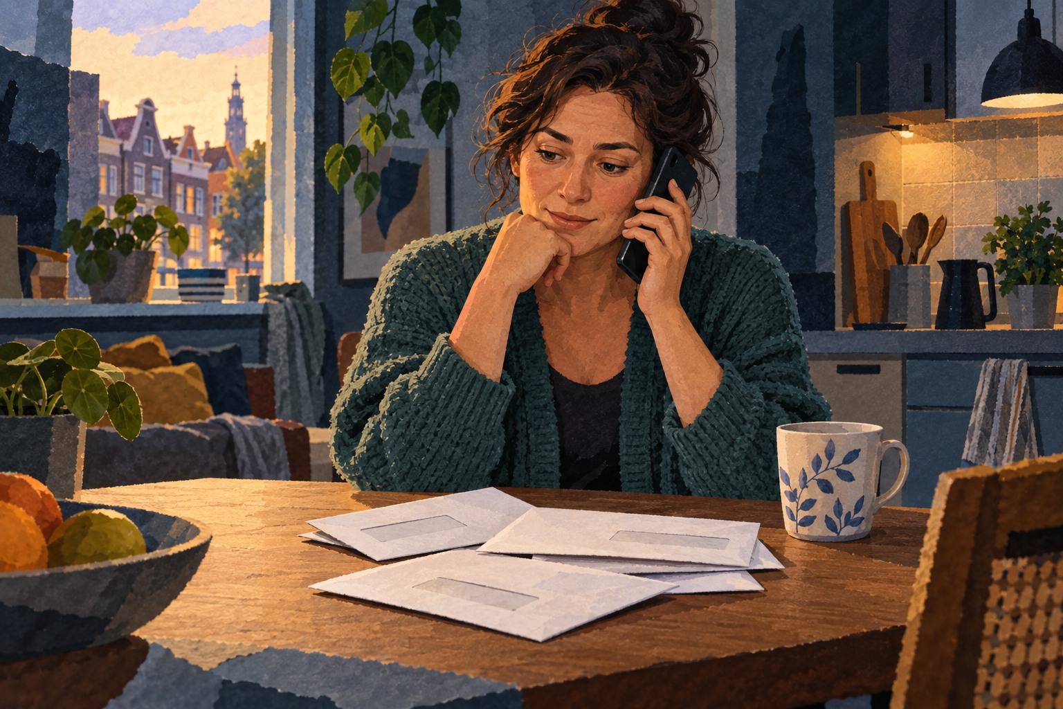 Illustratie van een vrouw die aan de keukentafel telefoneert naast enkele ongeopende enveloppen.