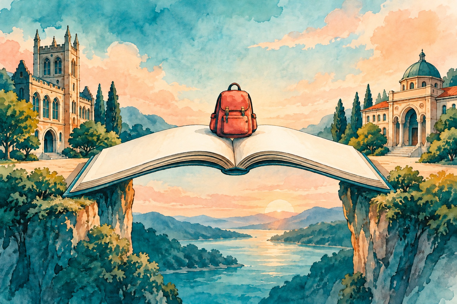 Conceptuele AI-illustratie in aquarel: een open, onbeschreven studieboek vormt een brug tussen twee denkbeeldige campussen, met een koraalrode rugzak in het midden.