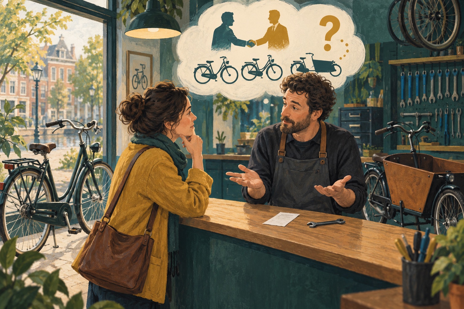 AI-illustratie van een klant en een fietsenmaker bij een toonbank met een stadsfiets en een bakfiets.
