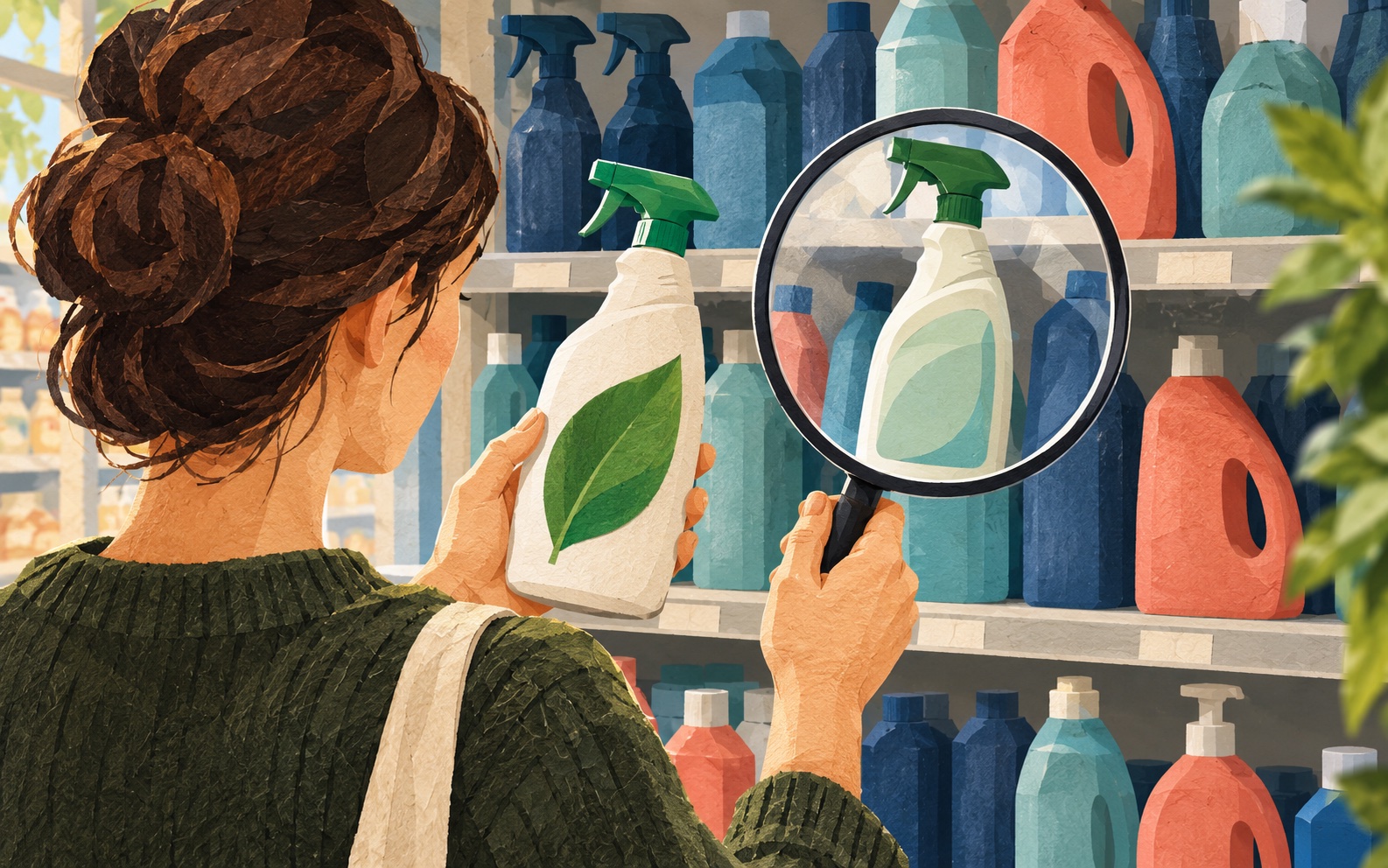 Conceptuele illustratie: een koper vergelijkt merkloze schoonmaakflessen en bekijkt een groen blaadje op een etiket met een loep.